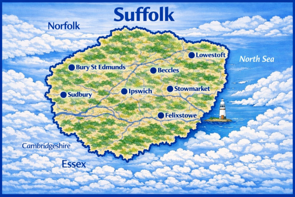 Map of Suffolk the UK with mortgage brokers in their respective location