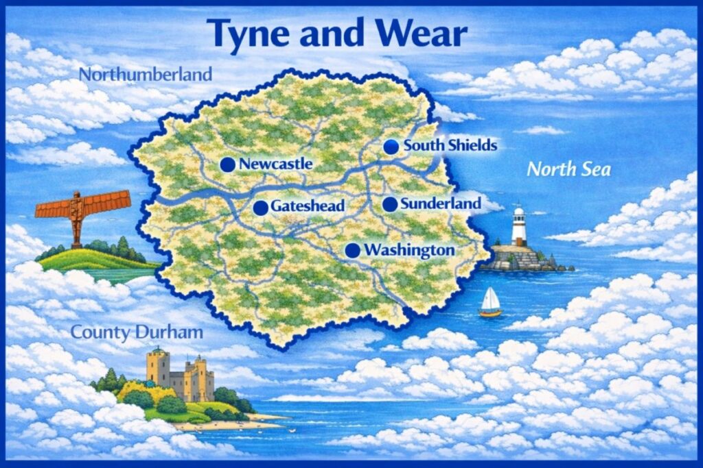 Map of Tyne and Wear the UK with mortgage brokers in their respective location