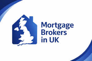 Blue and white logo featuring a house shaped icon containing a silhouette of the United Kingdom. To the right of the icon, bold blue text reads “Mortgage Brokers in UK,” with curved blue branded design elements in the corners on a light background.