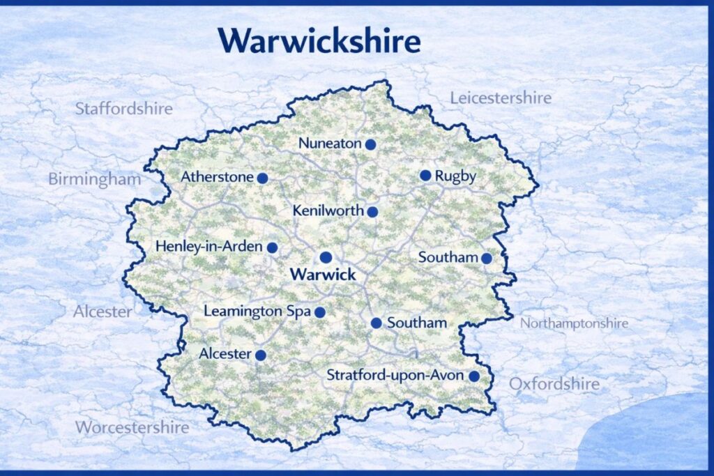 Map of Warwickshire the UK with mortgage brokers in their respective location