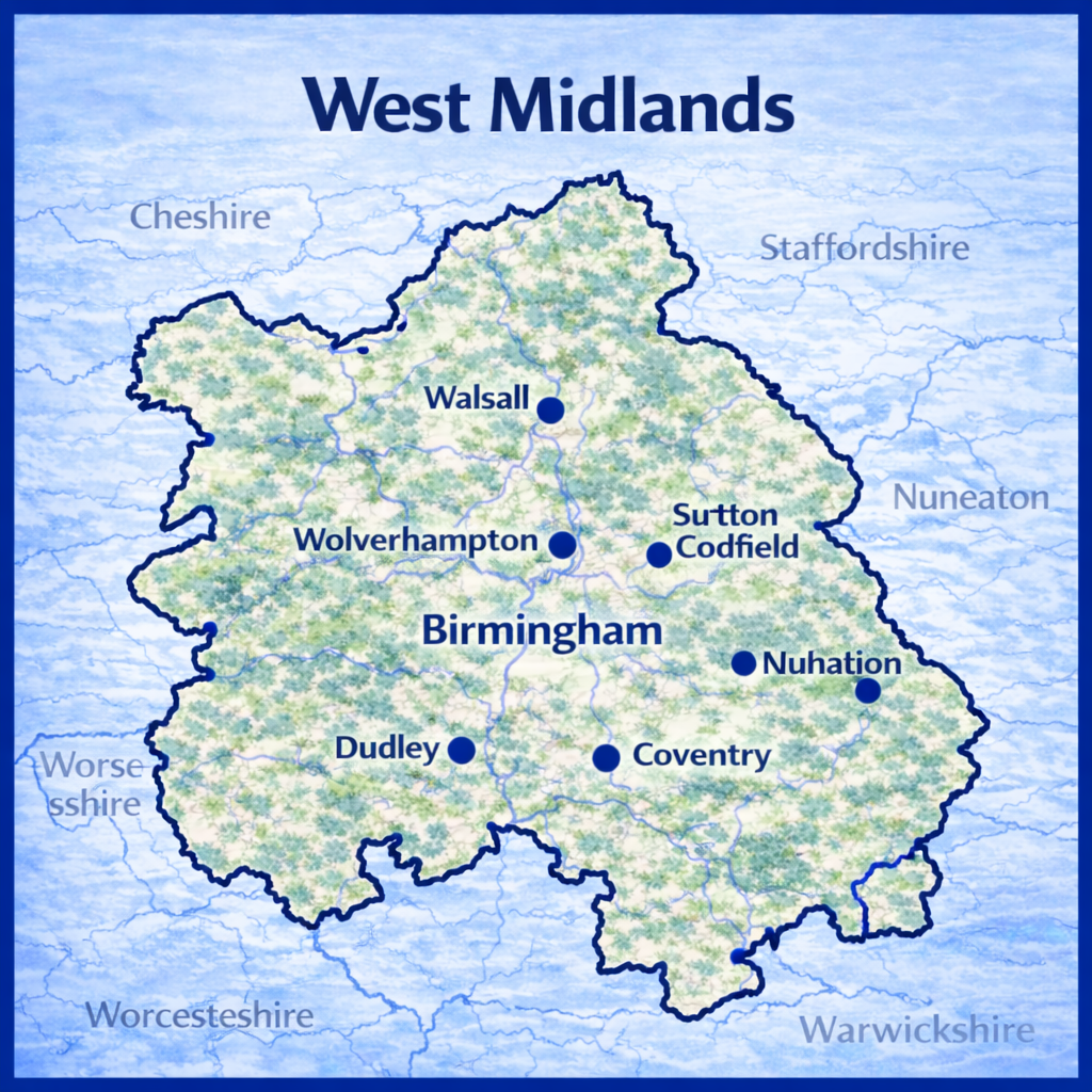 Map of West Midlands the UK with mortgage brokers in their respective location