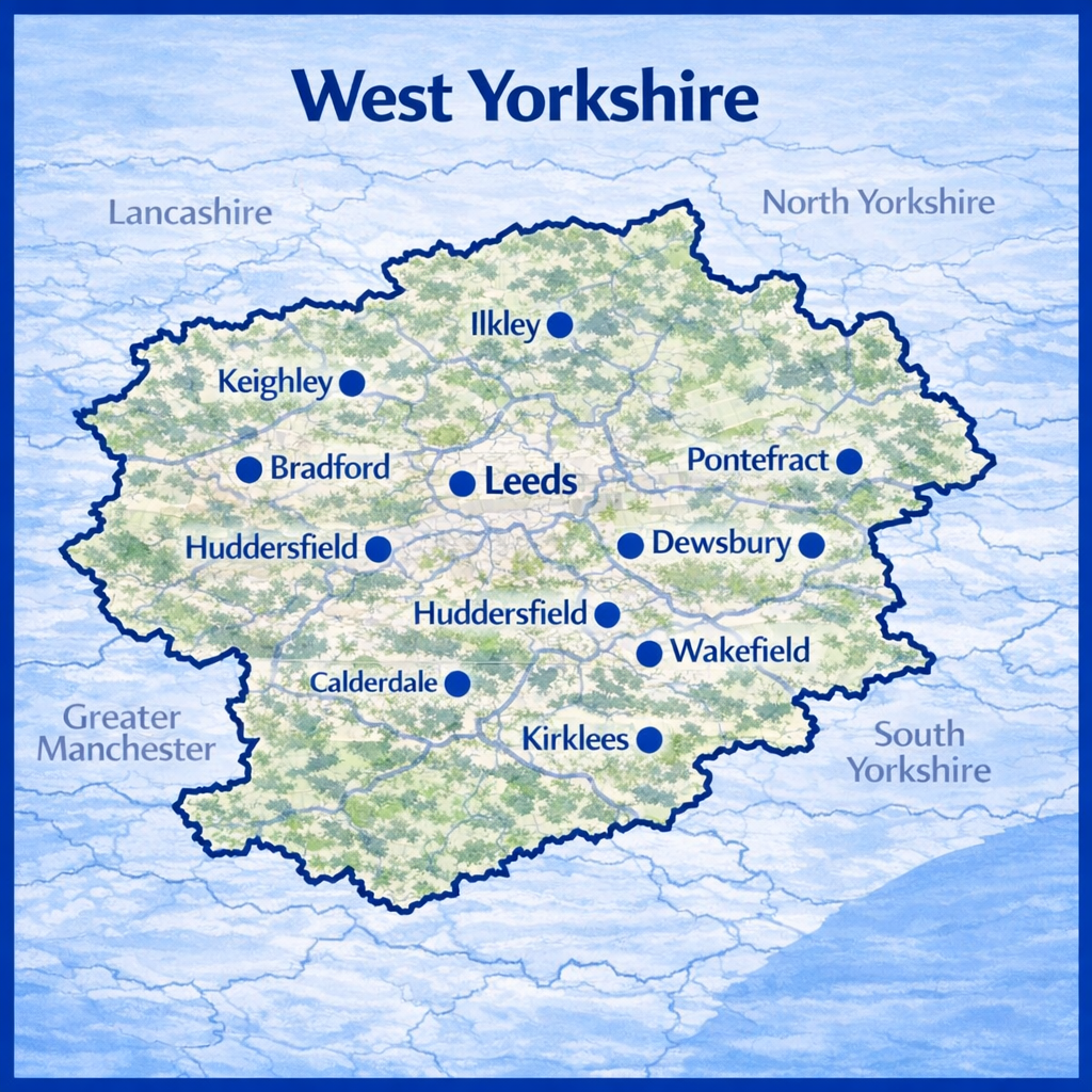 Map of West Yorkshire the UK with mortgage brokers in their respective location
