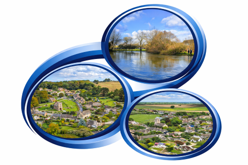 Composite image featuring three circular countryside scenes framed with layered blue branded rings. The top circle shows a calm river with trees and blue sky, the left circle shows a picturesque stone village with a church and green fields, and the right circle shows an aerial view of a rural village surrounded by farmland.