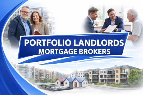 Promotional graphic for portfolio landlords mortgage brokers, featuring a central blue banner with the title, images of property investors and advisers in discussion, and modern apartment buildings with model houses in the foreground, set in a blue and white branded design.