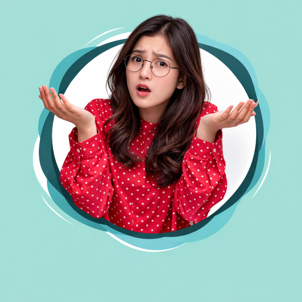A young East Asian woman wearing round glasses and a red blouse with white polka dots shrugs with both palms raised, expressing confusion or uncertainty. She is centred within a white circular frame surrounded by layered teal abstract shapes. The background is a solid soft mint green colour.