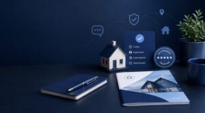 Recommended Mortgage Brokers selection with trusted adviser icons, house model and mortgage documents.