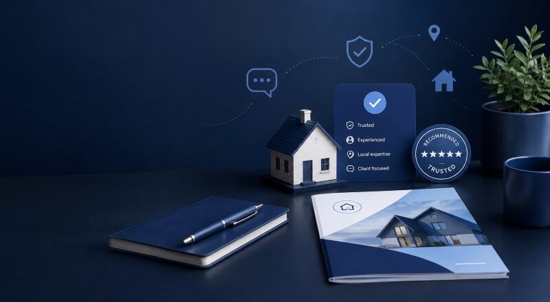 Recommended Mortgage Brokers selection with trusted adviser icons, house model and mortgage documents.
