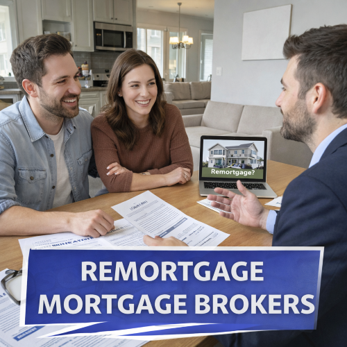 Promotional image representing remortgage mortgage brokers, showing homeowners reviewing property documents with a mortgage adviser in a modern, well-lit office setting, focused on refinancing and changing mortgage terms without any money imagery.