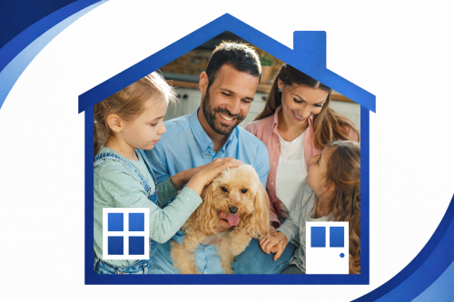 Family of four sitting together in a kitchen smiling and playing with their dog, framed inside a blue branded house outline with added windows and a door. Curved blue design elements surround the image, symbolising residential mortgage