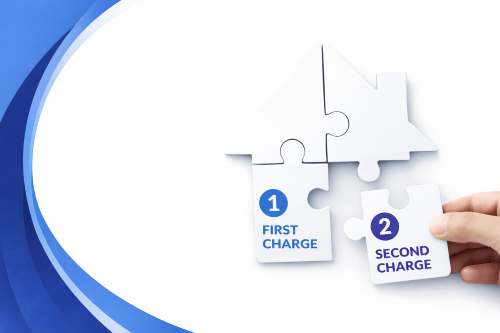 Illustration of a white house-shaped jigsaw puzzle with pieces labelled first charge and second charge, one piece being placed by a hand, set against a blue and white branded background with curved design elements.