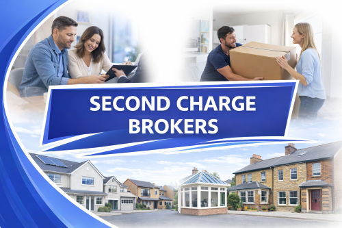 Promotional graphic for second charge mortgage brokers showing a couple reviewing documents with a broker, another couple carrying moving boxes in a home, and a row of modern and traditional residential properties, all framed with blue curved design elements and a central banner reading “Second Charge Brokers.