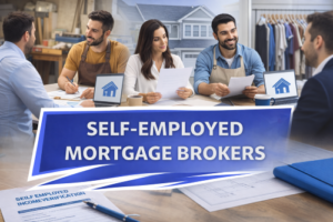 Promotional image showing self-employed professionals meeting with a mortgage broker at a table, reviewing documents and laptops, with work environments such as a workshop and retail space in the background, representing self-employed mortgage advice.