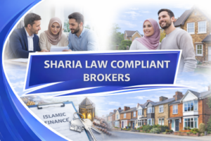 Promotional graphic for Sharia law compliant mortgage brokers showing Muslim couples meeting with advisers and standing outside a family home, alongside imagery representing Islamic finance such as documents, a decorative lantern, and residential housing, all framed within blue curved design elements.