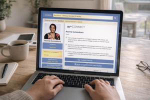 Person using a laptop at a desk, searching online for a Sinhala mortgage broker in Romford, with a broker profile displayed prominently on the screen showing photo, location, languages, qualifications, and contact options.