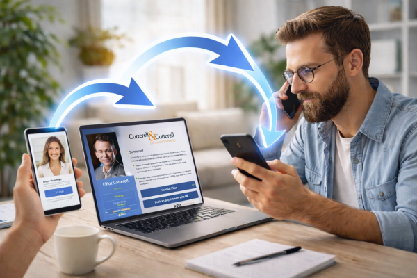 Man with beard and glasses sitting at a wooden table, holding a phone to his ear while looking at a laptop displaying Elliot Cotterell’s full mortgage broker profile with logo, text, qualifications, and contact buttons clearly visible, with blue arrows indicating switching between brokers on different devices.