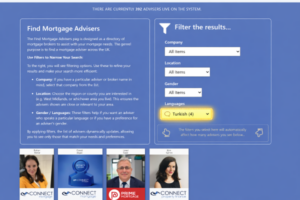 a UK mortgage adviser directory page with the filter panel open. The Languages dropdown is highlighted, showing “Turkish (4)” selected, emphasising Turkish-speaking mortgage brokers, with adviser profile cards displayed below.