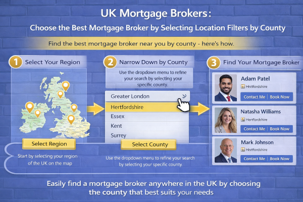 Infographic titled “UK Mortgage Brokers” with a solid blue brick wall background showing a three step user journey: select your region on a UK map, narrow down by county using a dropdown menu with Hertfordshire highlighted, and view a list of brokers including an Indian Asian looking Adam Patel with contact and book now options.