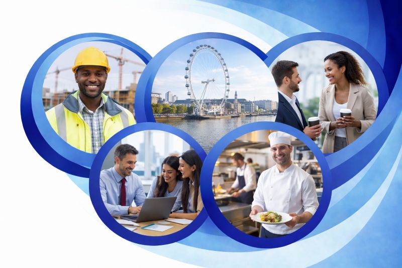Graphic representing employment opportunities in London with four circular images framed by blue rings, showing a construction worker on site, the London Eye and River Thames, professionals networking with coffee, and workers collaborating in an office and commercial kitchen on a blue gradient background.
