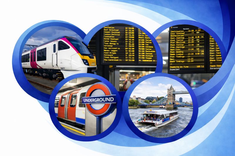 Graphic representing transportation in London with four circular images framed by blue rings, showing a modern commuter train, a digital London train times display, the London Underground roundel with a tube train, and a river boat on the River Thames against a blue gradient background.