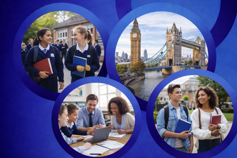 Graphic illustrating education in London with four large circular images framed by blue rings, showing school pupils in uniform, a London landmark near schools, a classroom learning scene with a teacher and students, and college-age students walking with books on a blue background.