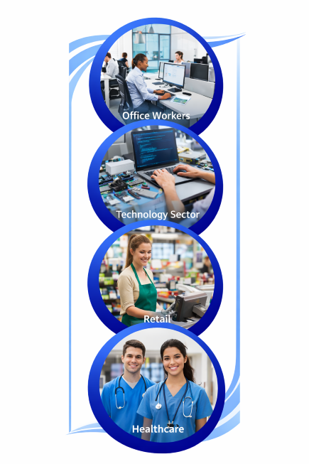 Vertical collage illustrating employment opportunities in Berkshire, featuring four circular images with blue borders showing office professionals at desks, technology workers using computers, retail staff at a checkout, and healthcare professionals in clinical uniforms on a white background.