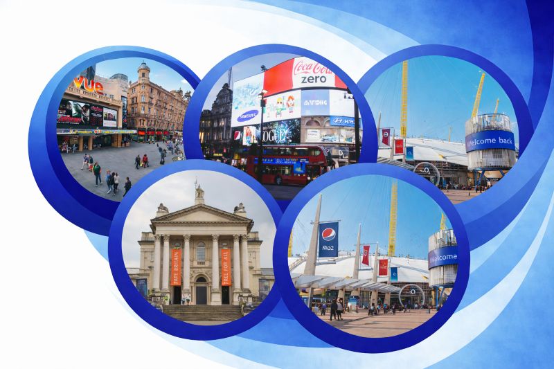 Four circular images framed in blue rings showing London leisure and entertainment: crowds outside a West End theatre, Piccadilly Circus illuminated billboards, the Tate Britain museum facade with banners, and Wembley Stadium with its iconic arch, on a clean white background.