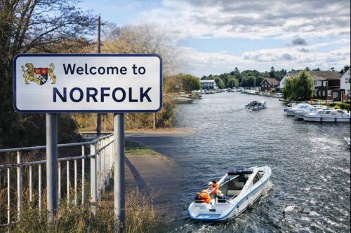 Welcome to Norfolk sign beside a rural road, blended with a riverside scene from the Norfolk Broads showing boats, swans, and waterside homes.