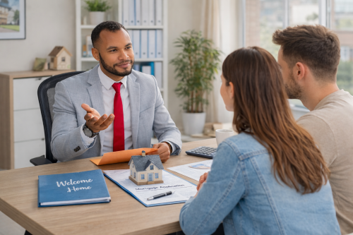 Mortgage adviser in a light grey suit and red tie sitting at a desk and explaining paperwork to a young couple during a consultation. A small model house and mortgage application documents are placed on the table, reinforcing a first-time buyer theme in a bright, modern office setting.