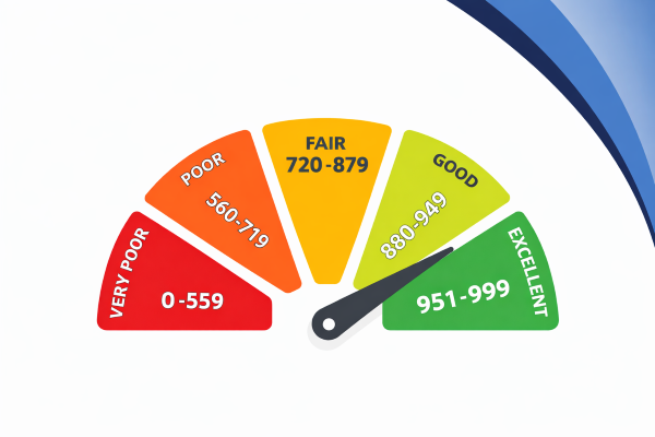 A clean, white-background graphic showing a semi-circular credit score gauge with five coloured segments labelled Very Poor (0–559), Poor (560–719), Fair (720–879), Good (880–949), and Excellent (951–999). A dark pointer is positioned in the Excellent range. Curved blue brand accents appear along the right edge of the image.