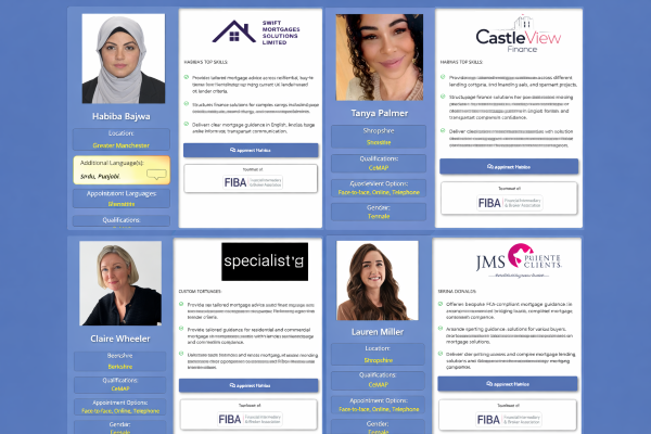 Composite banner featuring profile cards of female mortgage advisers across the UK, including Habiba Bajwa in Greater Manchester, Tanya Palmer in Shropshire, Claire Wheeler in Berkshire, Lauren Miller in Bedfordshire, and Serina Donalds in Surrey, each showing their photo, location, qualifications, appointment options, and contact details. This represents Why Choose a Female Mortgage Broker?