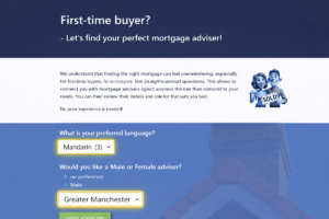 This represents Why Choose a Female Mortgage Broker? High-resolution website banner promoting first-time buyer mortgage support, with highlighted text including “First-time buyer,” selected language set to “Mandarin,” and location set to “Greater Manchester,” displayed within a clean blue-themed interface for choosing a female mortgage broker.