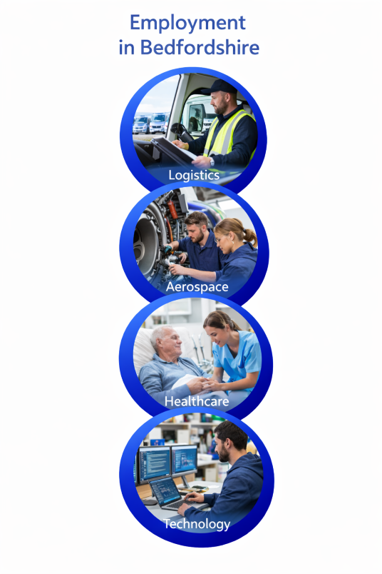 Vertical infographic titled “Employment in Bedfordshire” showing four circular photographs stacked in a single column. The top image shows a logistics worker in a high-visibility vest inside a delivery vehicle with vans parked behind. Below is an aerospace scene with technicians working on aircraft engine components in a workshop. The third image shows a healthcare professional caring for an elderly patient in a clinical setting. The bottom image shows a technology worker using a laptop and multiple computer screens in an office environment. Each photo is enclosed by a blue circular border on a white background, with no additional colours or graphics.