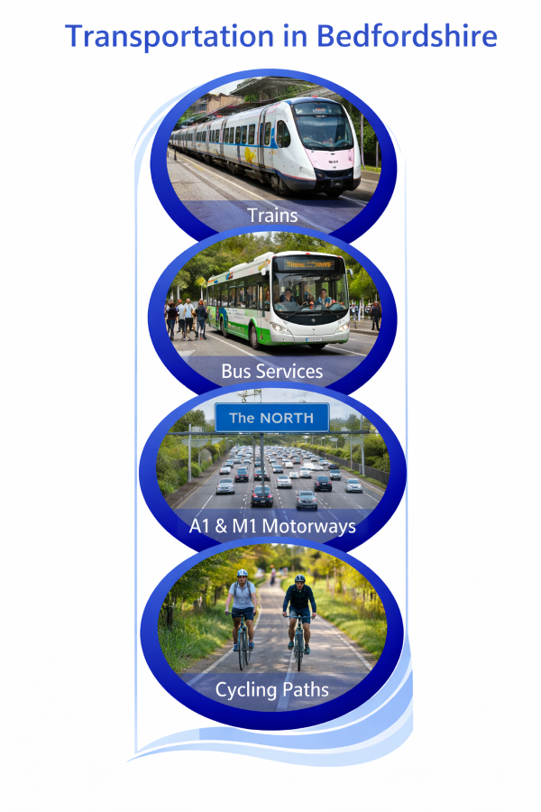 Vertical infographic titled “Transportation in Bedfordshire” showing four circular photographs stacked in a single column. The top image shows a modern passenger train stopped at a station. Below is a local bus service picking up passengers on a town street. The third image shows heavy traffic on the A1 and M1 motorways. The bottom image shows two cyclists riding along a dedicated cycling path through a green landscape. Each image is enclosed by a blue circular border on a white background, with no additional colours or decorative graphics.