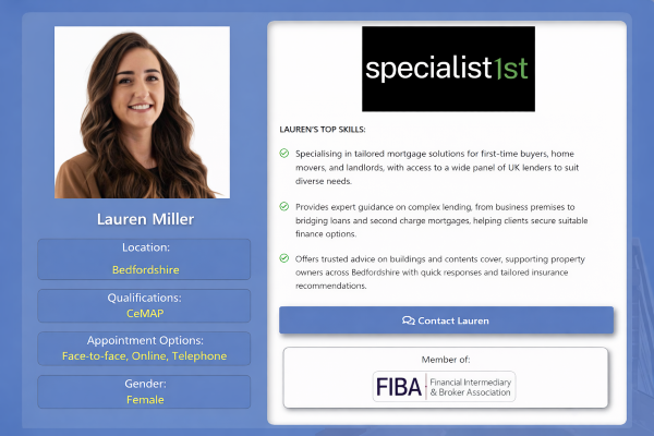 Profile card for mortgage adviser Lauren Miller. The layout is split into two sections on a blue background. On the left is a professional headshot of Lauren smiling, with her name shown below. Beneath are labelled panels listing her location as Bedfordshire, qualifications as CeMAP, appointment options as face to face, online and telephone, and gender as female. On the right is the Specialist1st logo at the top, followed by a section titled “Lauren’s top skills” with three ticked bullet points describing mortgage advice, complex lending expertise, and insurance guidance for property owners in Bedfordshire. Below is a blue “Contact Lauren” button, and at the bottom a panel showing she is a member of the Financial Intermediary and Broker Association (FIBA).