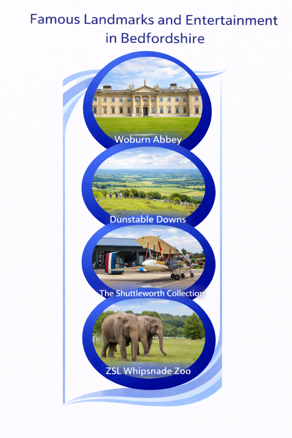 Vertical infographic titled “Famous Landmarks and Entertainment in Bedfordshire” showing four circular photographs stacked in a single column. The top image shows Woburn Abbey, a large historic stately home set on landscaped grounds. Below is Dunstable Downs, showing open countryside with rolling hills and people enjoying the view. The third image shows The Shuttleworth Collection with a vintage aircraft displayed outside a hangar. The bottom image shows elephants at ZSL Whipsnade Zoo in a wide grassy enclosure. Each image is enclosed by a blue circular border on a white background, with no additional colours or decorative graphics.