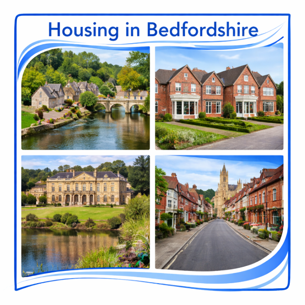Square image titled “Housing in Bedfordshire” showing four photographs of different housing styles. Top left is a traditional stone village beside a river and bridge. Top right shows modern red brick detached family homes. Bottom left features a large historic country house set in landscaped grounds by water. Bottom right shows a street of red brick terraced houses leading towards a church. The images sit within a blue-lined square border on a white background.