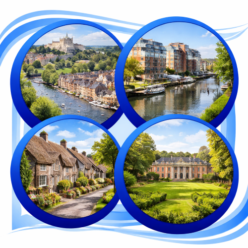 Square graphic showing four images of housing in Berkshire, each framed by blue circular borders within a blue-outlined square. The images include a riverside town with traditional homes and greenery, modern apartment buildings beside a river, a row of traditional cottages, and a large period house set within landscaped gardens, representing a range of residential property types in Berkshire.