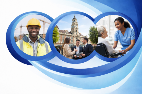Graphic illustrating employment opportunities in Essex, showing a construction worker at a building site, professionals meeting in front of Chelmsford town hall, and a healthcare worker assisting an elderly person, set against a flowing blue abstract background.