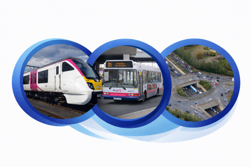 Graphic representing transportation in Essex, showing a modern train, a local bus at a station, and an aerial view of a busy road interchange, each framed within blue circular rings on a white background.
