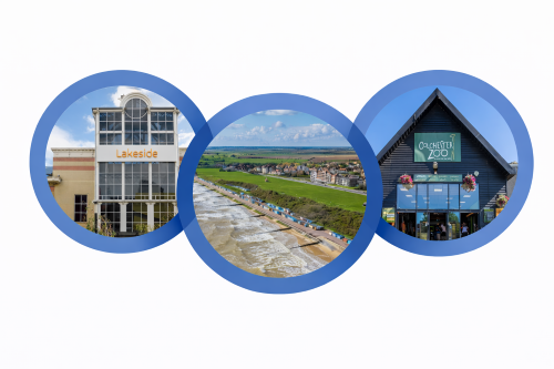 Graphic representing leisure and lifestyle in Essex, featuring three circular images framed by blue rings showing Lakeside Shopping Centre, a coastal promenade with beach huts, and the entrance to Colchester Zoo on a white background.