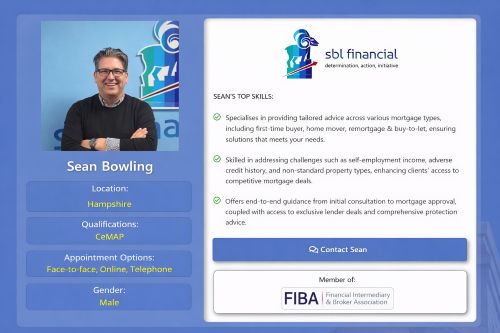 Profile card for mortgage adviser Sean Bowling, showing his photo, location in Hampshire, CeMAP qualification, appointment options, top mortgage skills, SBL Financial branding, and FIBA membership badge.