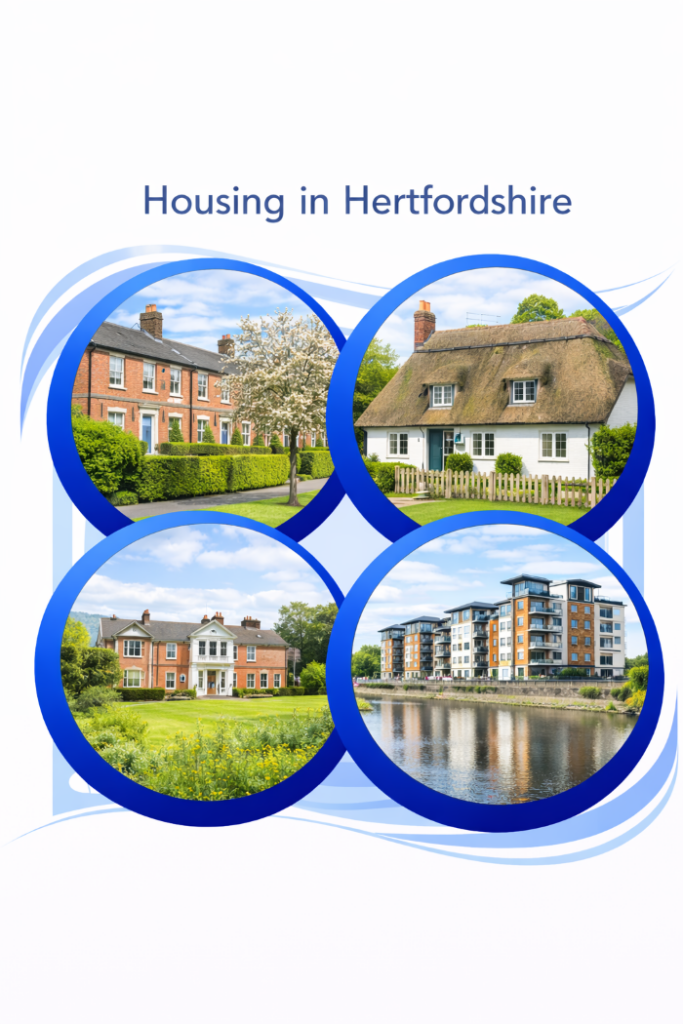 Square image titled “Housing in Hertfordshire” showing four circular photographs arranged in a two by two grid. The top left image shows red brick terraced houses with front gardens. The top right image shows a traditional thatched cottage in a village setting. The bottom left image shows a large detached period home with landscaped grounds. The bottom right image shows modern apartment buildings beside a canal or river. All images are enclosed within blue circular borders on a white background.