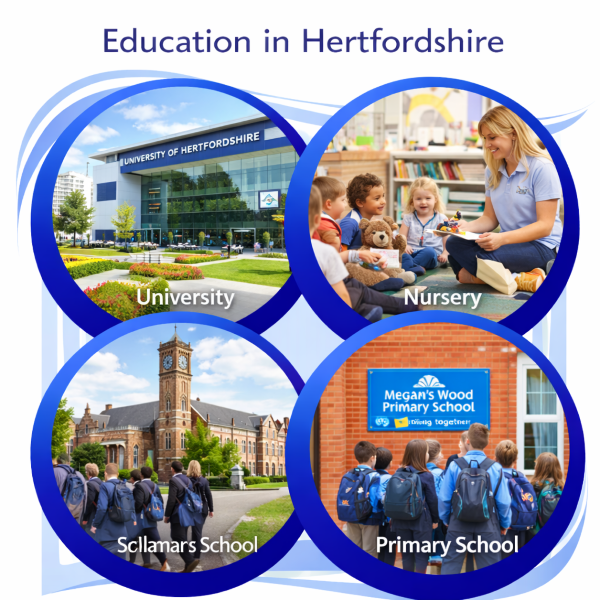 Square image titled “Education in Hertfordshire” showing four circular photographs arranged in a two by two grid. The top left image shows the University of Hertfordshire campus with modern glass buildings and landscaped grounds. The top right image shows a nursery classroom with a teacher reading to young children seated on the floor. The bottom left image shows students walking towards a historic secondary school building in Hertfordshire. The bottom right image shows pupils wearing backpacks standing outside a primary school entrance. All images are enclosed within blue circular borders on a white background.