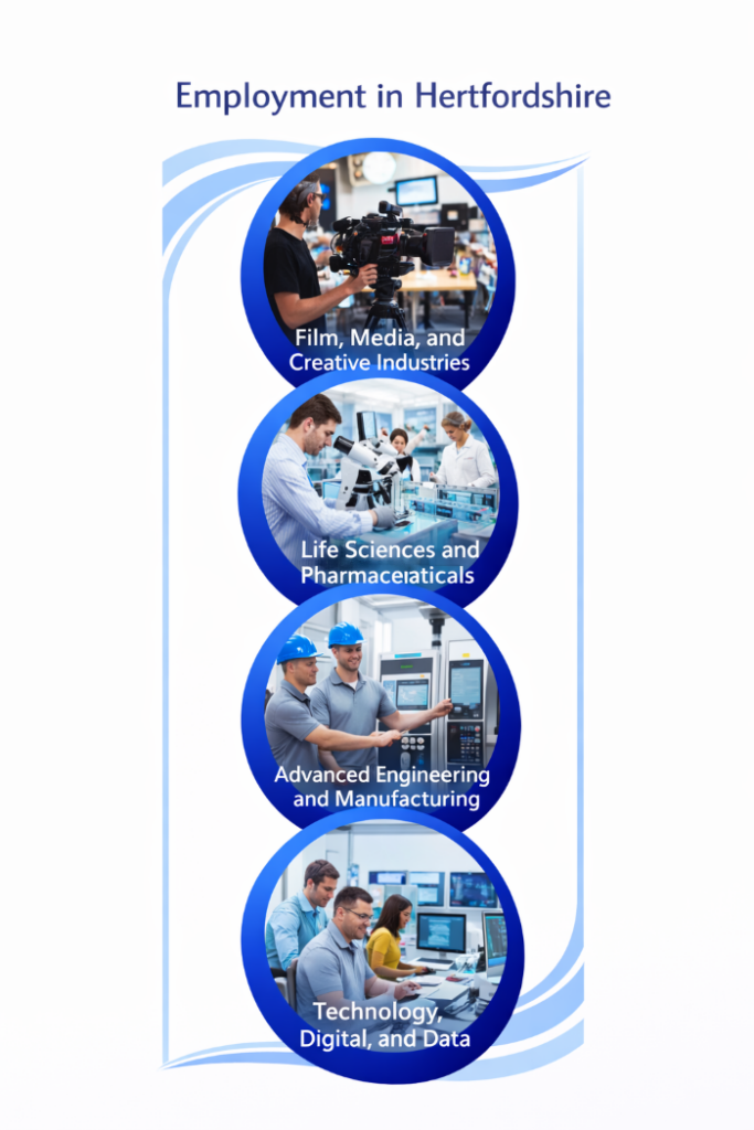 Vertical infographic titled “Employment in Hertfordshire” showing four circular photographs stacked in a single column. The top image represents film, media, and creative industries, showing a professional film or media production setting. The second image represents life sciences and pharmaceuticals, showing scientists working in a modern laboratory. The third image represents advanced engineering and manufacturing, showing engineers operating machinery in an industrial facility. The bottom image represents technology, digital, and data roles, showing professionals working on computers in a modern office environment. All images are enclosed within blue circular borders on a white background