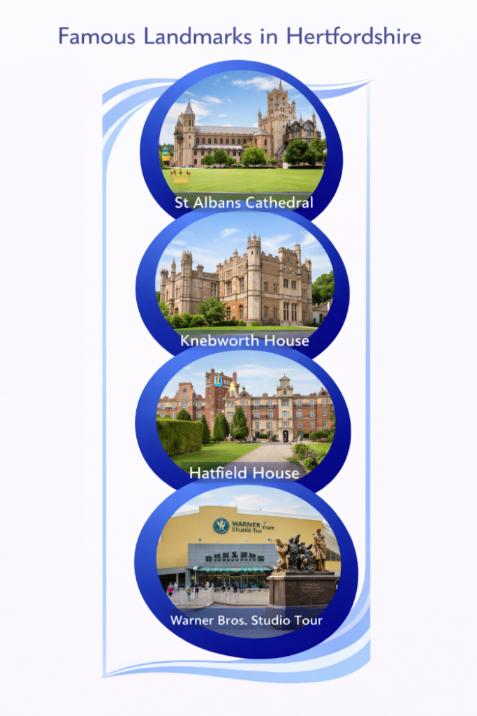 A vertical infographic titled “Famous Landmarks in Hertfordshire” featuring four circular images stacked in a column. The top image shows St Albans Cathedral with its historic architecture and green lawn. The second shows Knebworth House, a grand Gothic-style country house. The third shows Hatfield House, a large Jacobean estate with formal gardens. The bottom image shows the entrance to Warner Bros. Studio Tour with its distinctive yellow façade and statue in front. Each landmark is labelled within a bold blue circular frame on a white background with subtle light blue flowing accents.