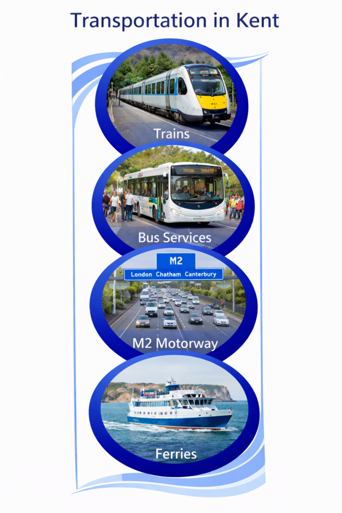 Vertical infographic titled “Transportation in Kent” showing four stacked circular images with blue borders: a modern passenger train at a station, a local bus service with passengers boarding, traffic on the M2 motorway with a visible road sign, and a ferry sailing along the Kent coastline near white cliffs.