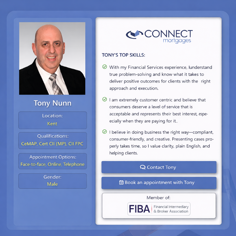 Profile card for Tony Nunn, a mortgage adviser at Connect Mortgages. The design features a blue background with Tony’s professional headshot on the left and his details listed below, including location in Kent, qualifications (CeMAP, Cert CII (MP), CII FPC), appointment options, and gender. On the right, the card displays the Connect Mortgages logo, a section titled “Tony’s Top Skills” with bullet points about customer-focused financial advice and compliant problem-solving, call-to-action buttons to contact Tony or book an appointment, and a Financial Intermediary & Broker Association (FIBA) membership badge at the bottom.
