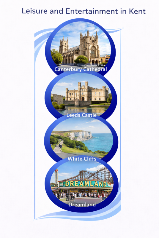 Vertical infographic highlighting leisure and entertainment in Kent, featuring four circular images framed in blue. The images show DREAMLAND, a historic Kent landmark such as Leeds Castle, a scenic Kent park or countryside walking area, and a busy shopping or leisure centre in a Kent town, representing family attractions, heritage, outdoor activities, and retail experiences in the county.
