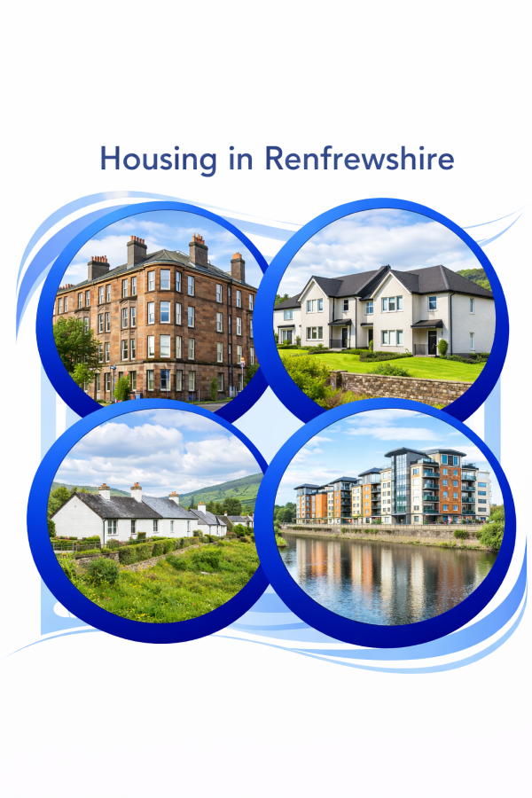 Square image titled “Housing in Renfrewshire” showing four circular photographs representing different types of housing. The top left image shows a traditional sandstone tenement building typical of urban areas. The top right image shows modern semi-detached family homes with front gardens. The bottom left image shows single-storey countryside cottages set among green fields. The bottom right image shows modern riverside apartment flats overlooking the water. All images are enclosed within blue circular borders on a white background.