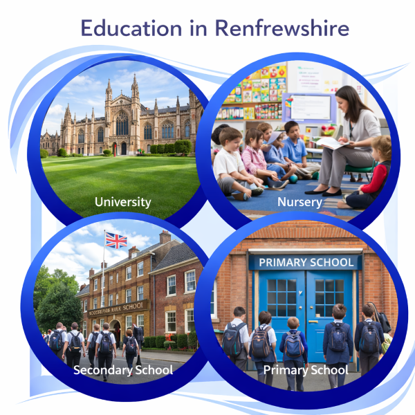 Square image titled “Education in Renfrewshire” showing four circular photographs representing different stages of education. The top left image shows a large historic university building with green lawns. The top right image shows a nursery classroom with a teacher reading to young children seated on a mat. The bottom left image shows pupils arriving at a secondary school building. The bottom right image shows children with backpacks entering a primary school through blue doors. All images are enclosed within blue circular borders on a white background.
